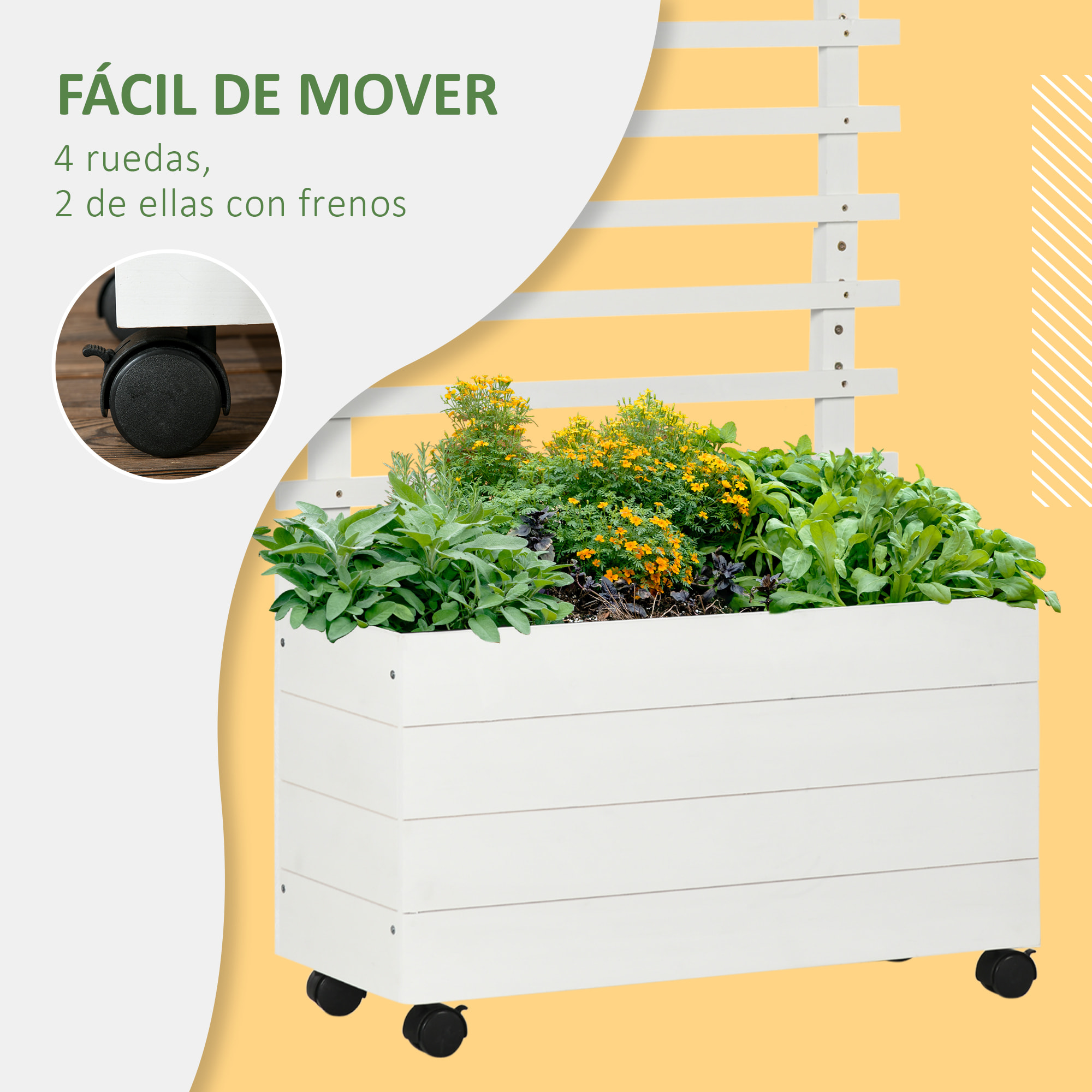 Jardinera con Enrejado de Madera Maciza con 4 Ruedas Macetero de Jardín con Soporte para Trepadora y Tela Geotextil para Cultivos Plantas Flores en Exterior 76x30x155 cm Blanco