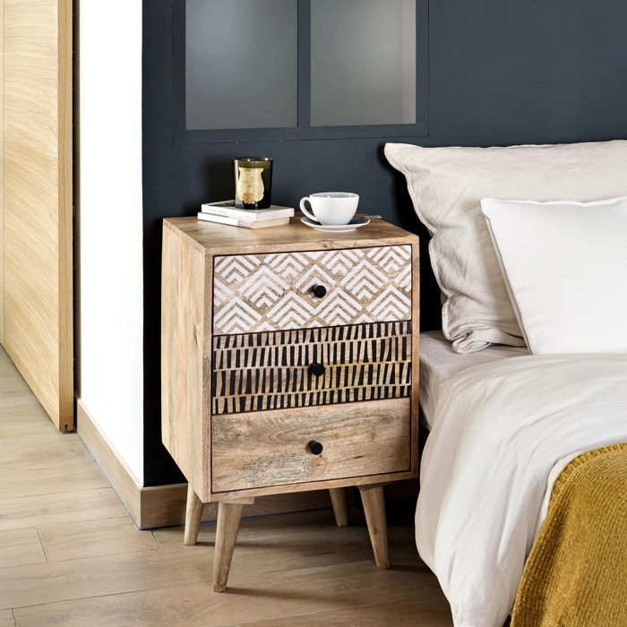 Table de chevet en bois, 3 tiroirs à motifs - Tali