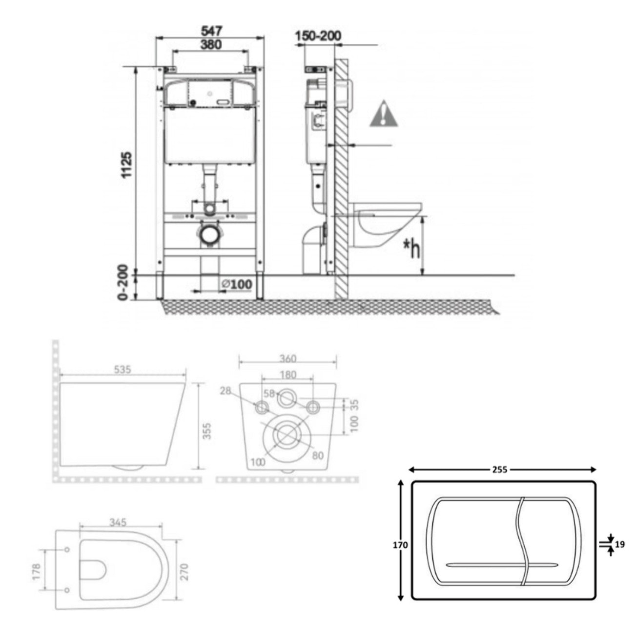 Pack WC bâti-support + WC suspendu sans bride Ceramia + abattant SoftClose + plaque blanche (ROCACETOR1DE)