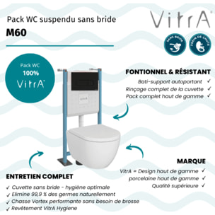 Pack WC suspendu sans bride M60 VortexFlush Round + abattant frein de chute + Bâti support autoportant + Plaque Noir mat
