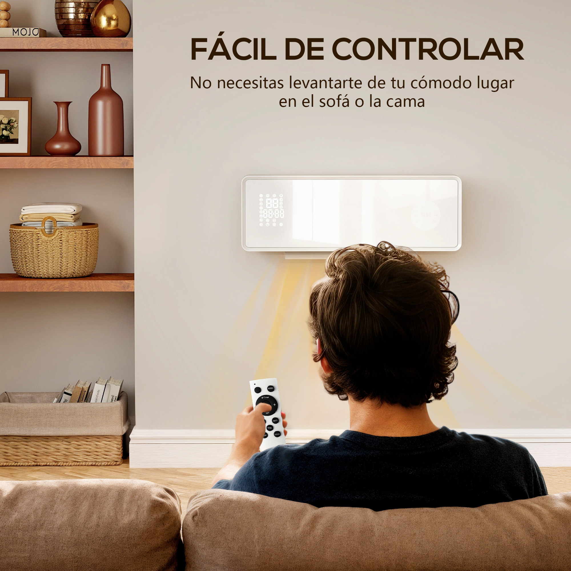 Calefactor Eléctrico Bajo Consumo Cerámico de Pared, 2000W, con 3 Modos, Pantalla LED, Termostato, Temporizador, Oscilación, Mando a Distancia, Detección de Ventanas Abiertas y Panel de Vidrio