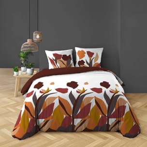 Parure de lit 3 pièces 100 % coton imprimé à motif floral housse + taies - Rouge
