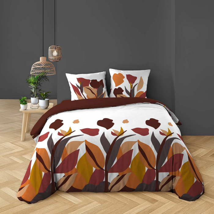 Parure de lit 3 pièces 100 % coton imprimé à motif floral housse + taies - Rouge