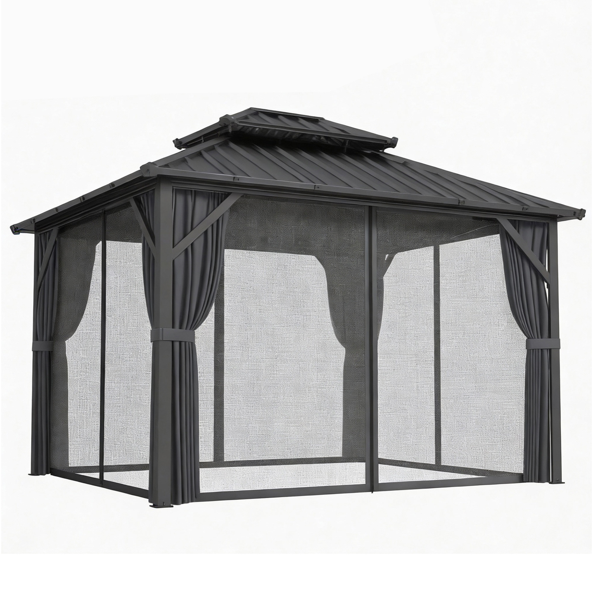 Pavillon de jardin  toit rigide - rideaux et moustiquaire - alu et acier - 3x3,6m - gris foncé