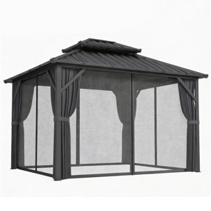 Pavillon de jardin  toit rigide - rideaux et moustiquaire - alu et acier - 3x3,6m - gris foncé