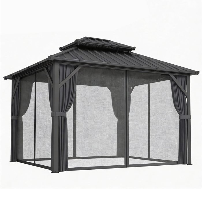 Pavillon de jardin  toit rigide - rideaux et moustiquaire - alu et acier - 3x3,6m - gris foncé