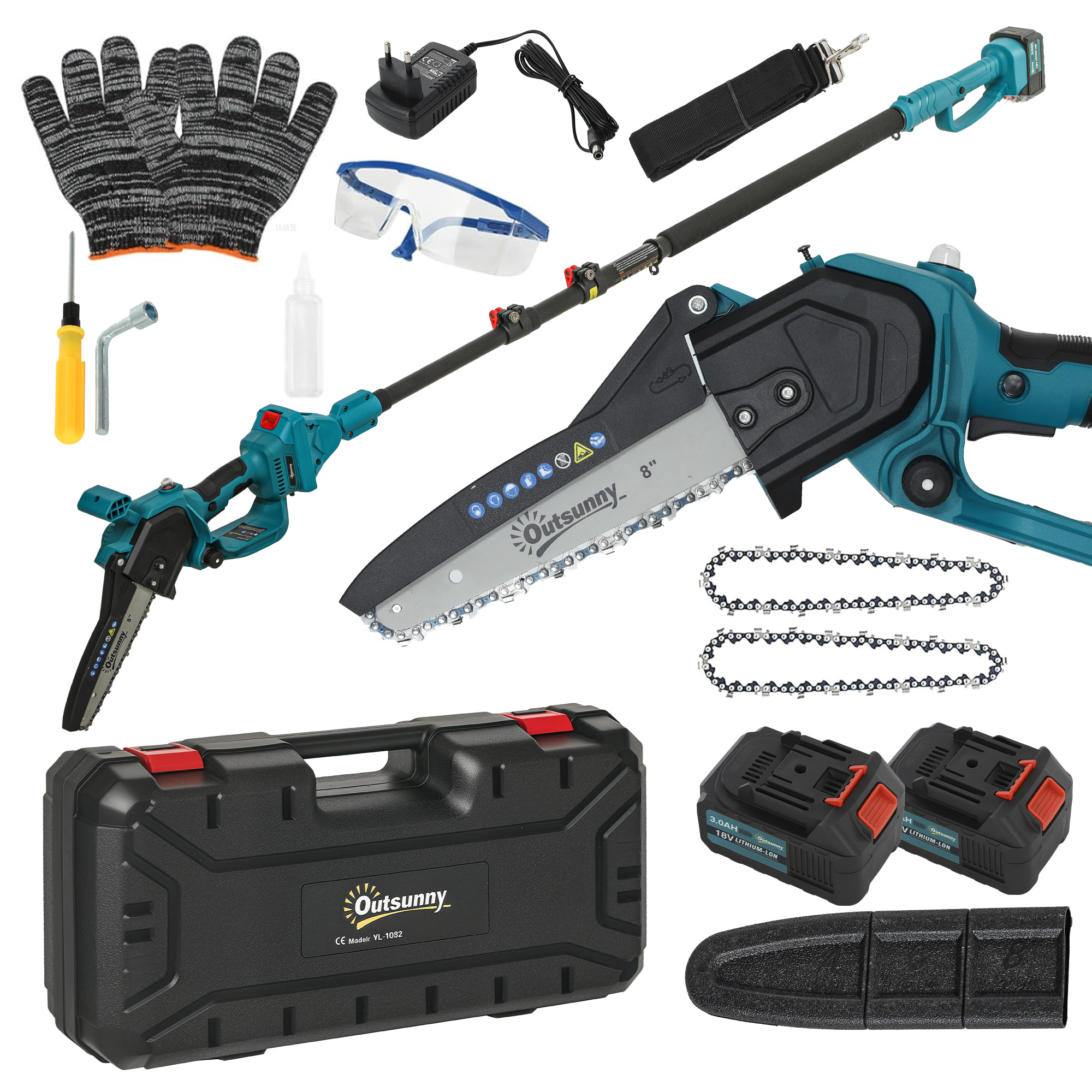 Mini Motosierra Bateria 6000mAh 8 Pulgadas Motosierra Eléctrica con 580W Motor sin Escobillas 2 Baterías Palo Telescópico y Doble Bloqueo para Podar Árboles de Jardinería y Madera