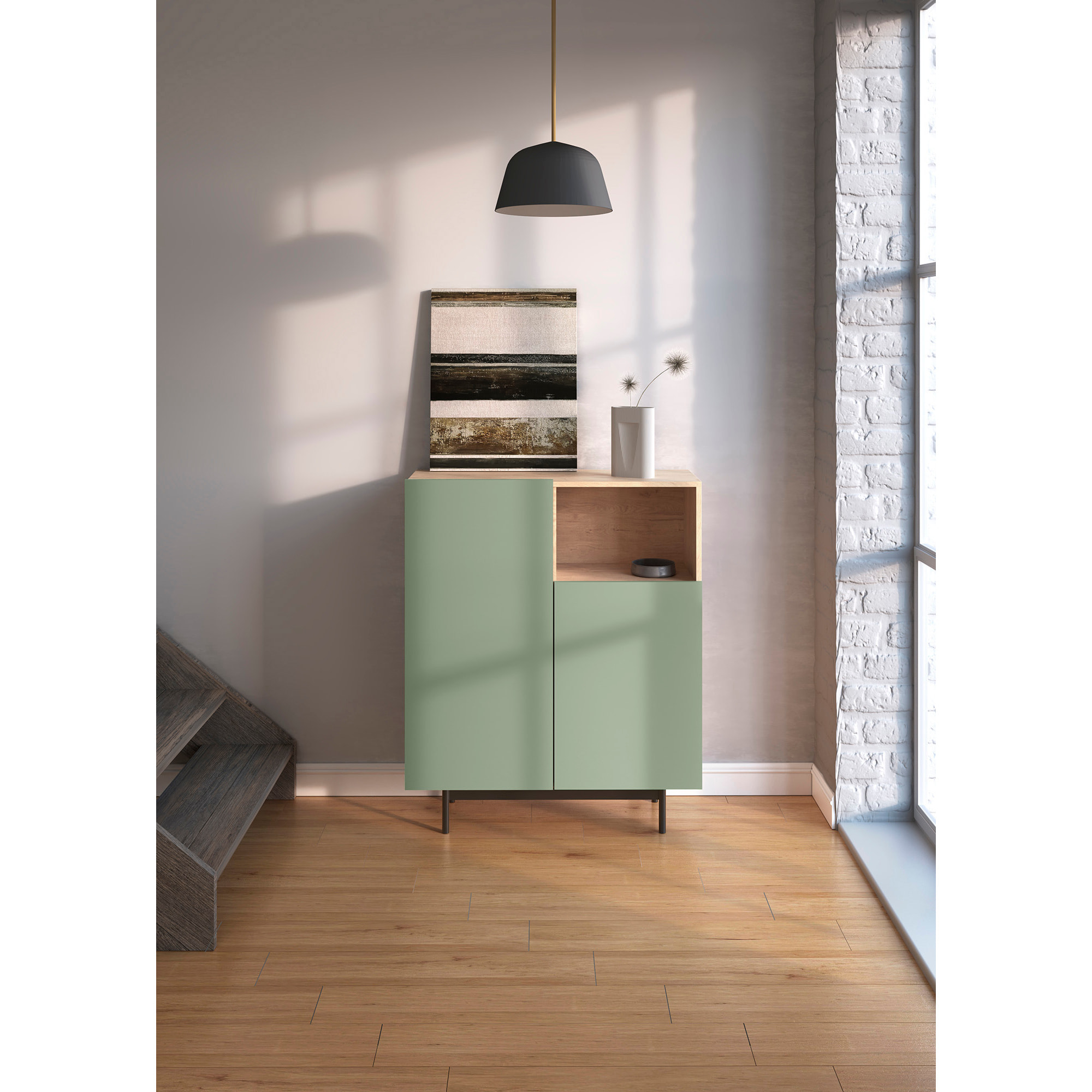 Aparador 1 hueco Printed roble y verde 110x90x34 cm
