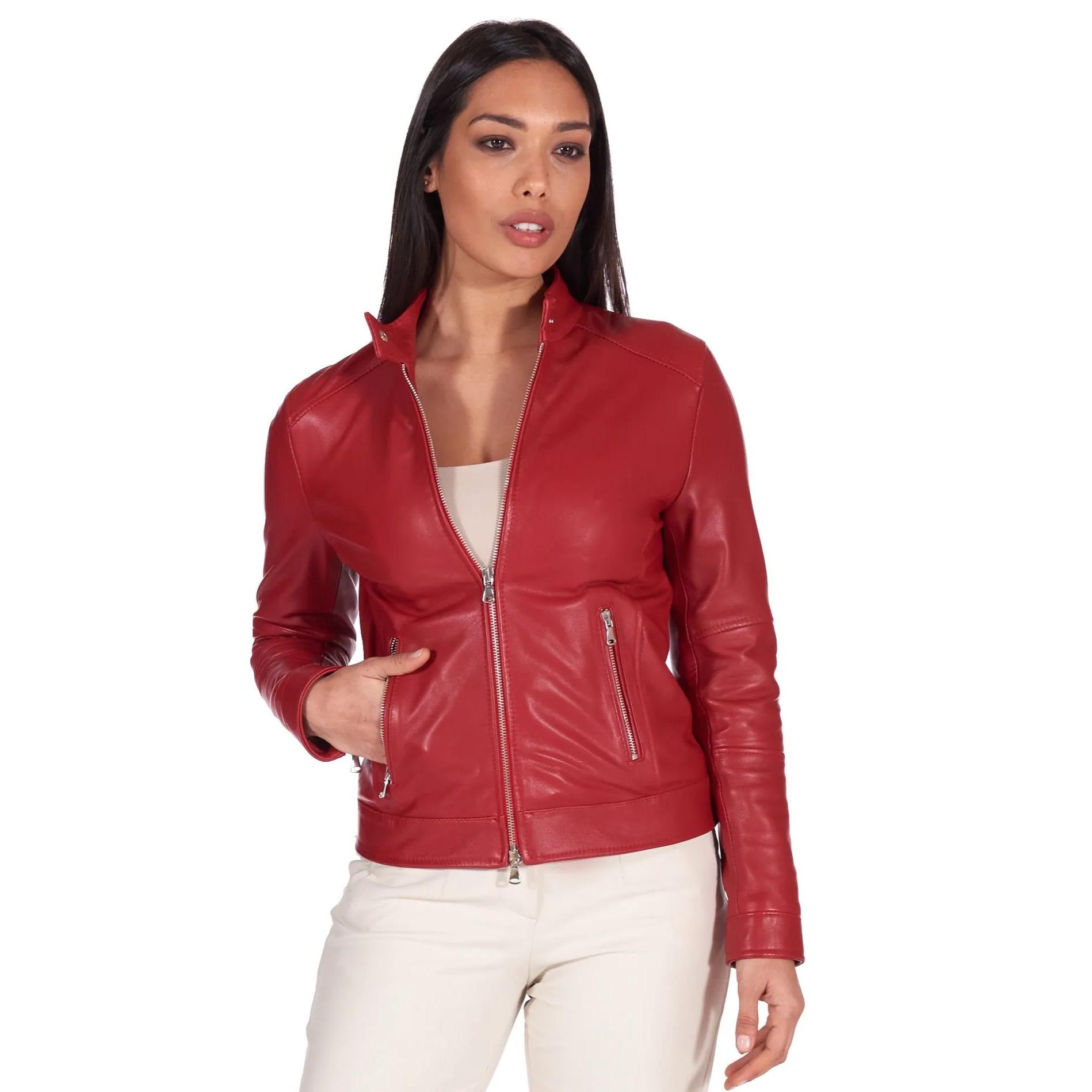 Giacca biker in pelle rossa nappa effetto liscio