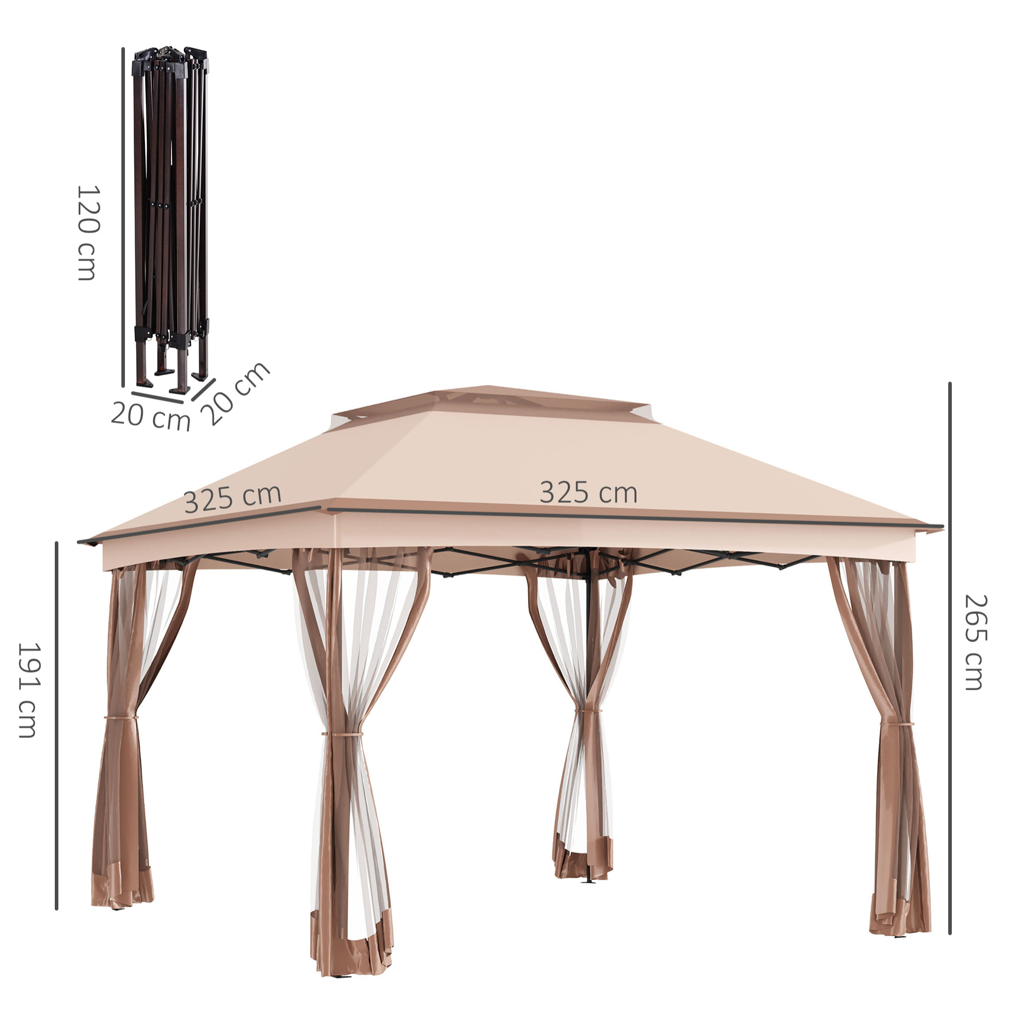 Tonnelle barnum de jardin pop-up pliant 3,25L x 3,25l x 2,65H m acier polyester moustiquaires + sac de transport café