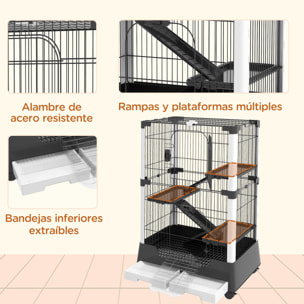 Jaula para Animales Pequeños con Ruedas 114x75x50 cm Valla para Mascotas con 3 Plataformas 3 Rampas Bandejas Extraíbles para Hurones Conejos Negro