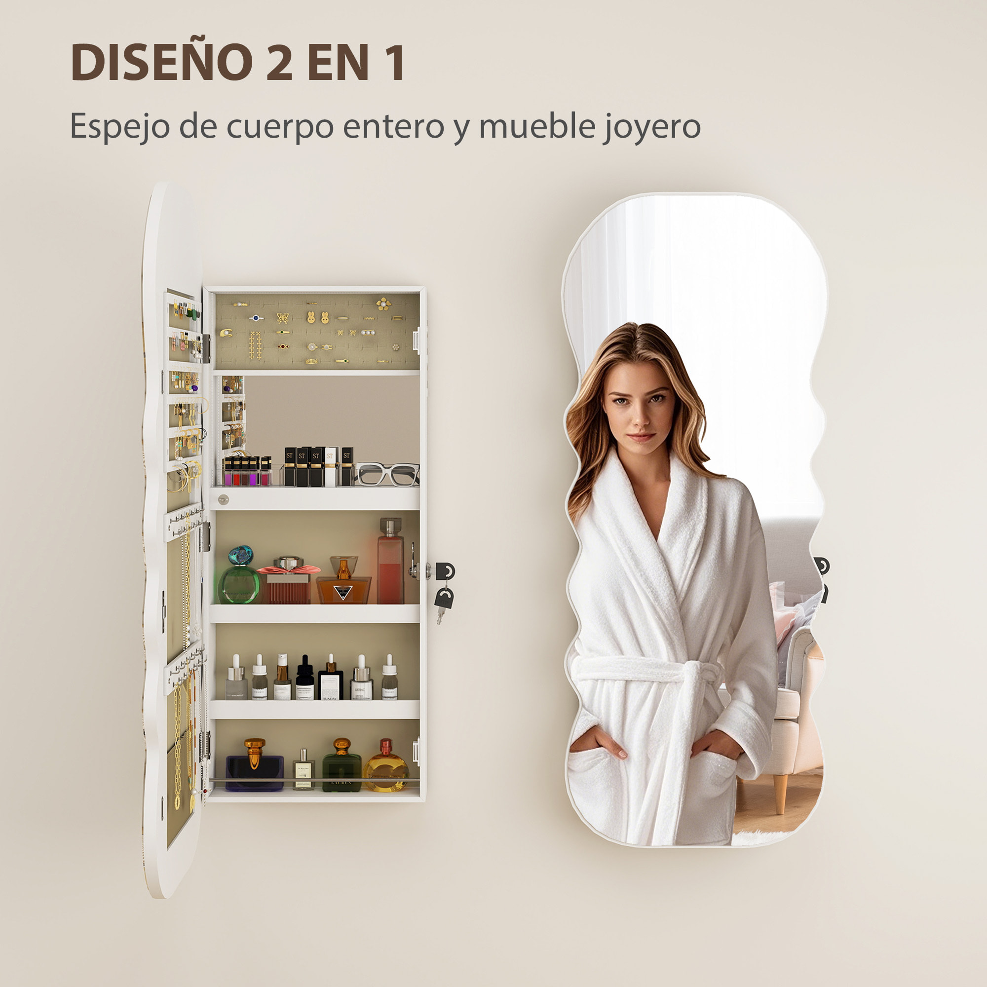 Espejo Joyero con Luz LED de 3 Colores, Armario Joyero Montado en la Pared o en la Puerta, Armario para Joyas con Cerradura, Espejo Entero, Diseño Ondulado, Blanco