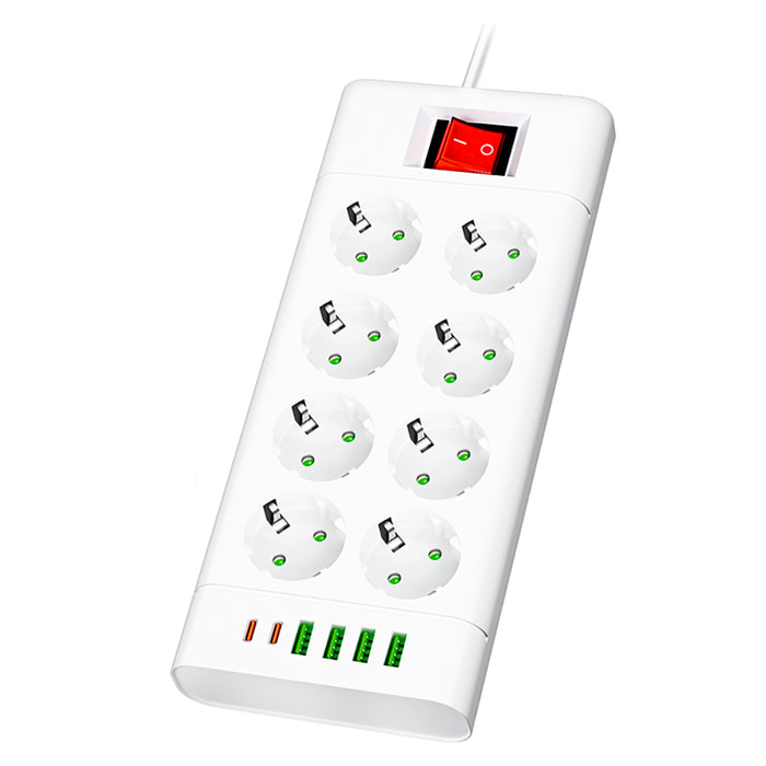 Multipresa multifunzione con interruttore e 2500W. Con 8 prese EU, 4 porte USB e 2 porte USB C.