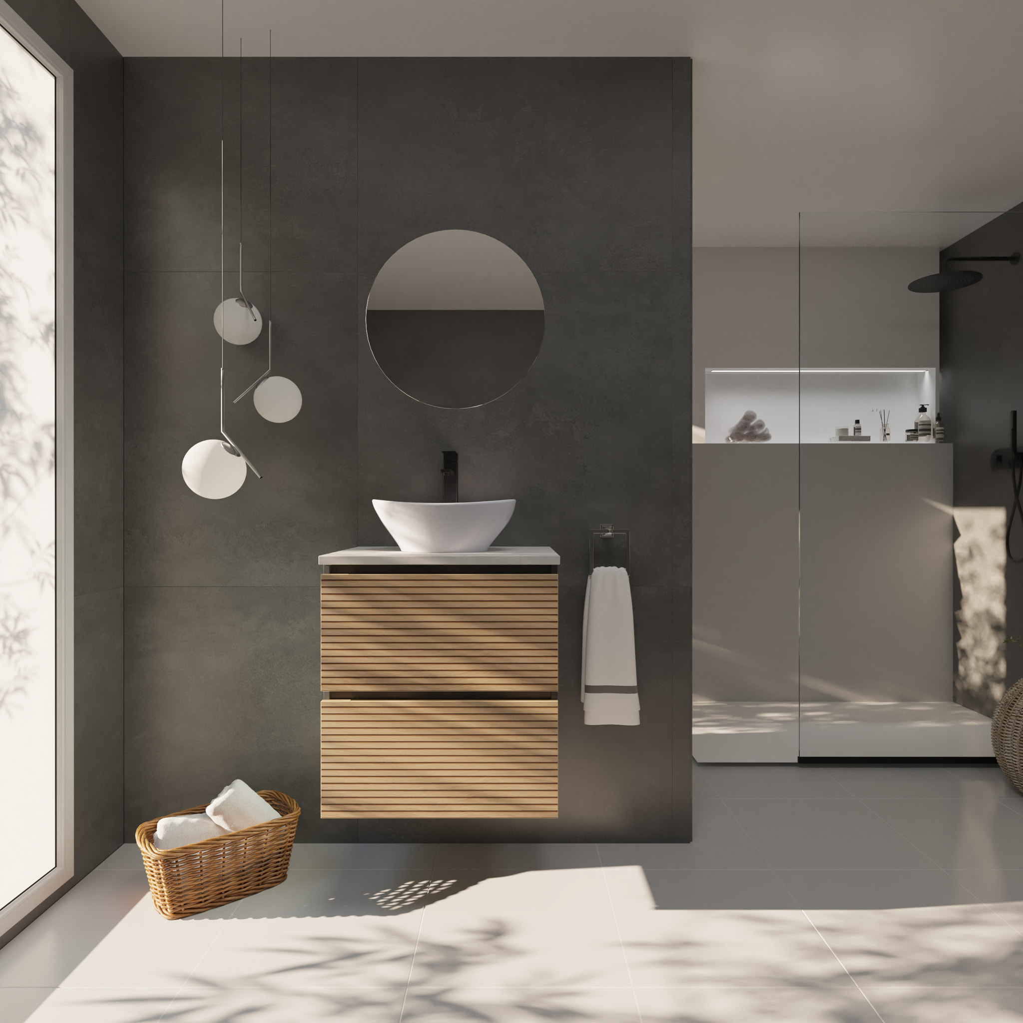 Conjunto de Baño Yinu | 60 cm Negro - Solomon | Dos Cajones | Lavabo sobre Encimera | No incluye Espejo | Alday