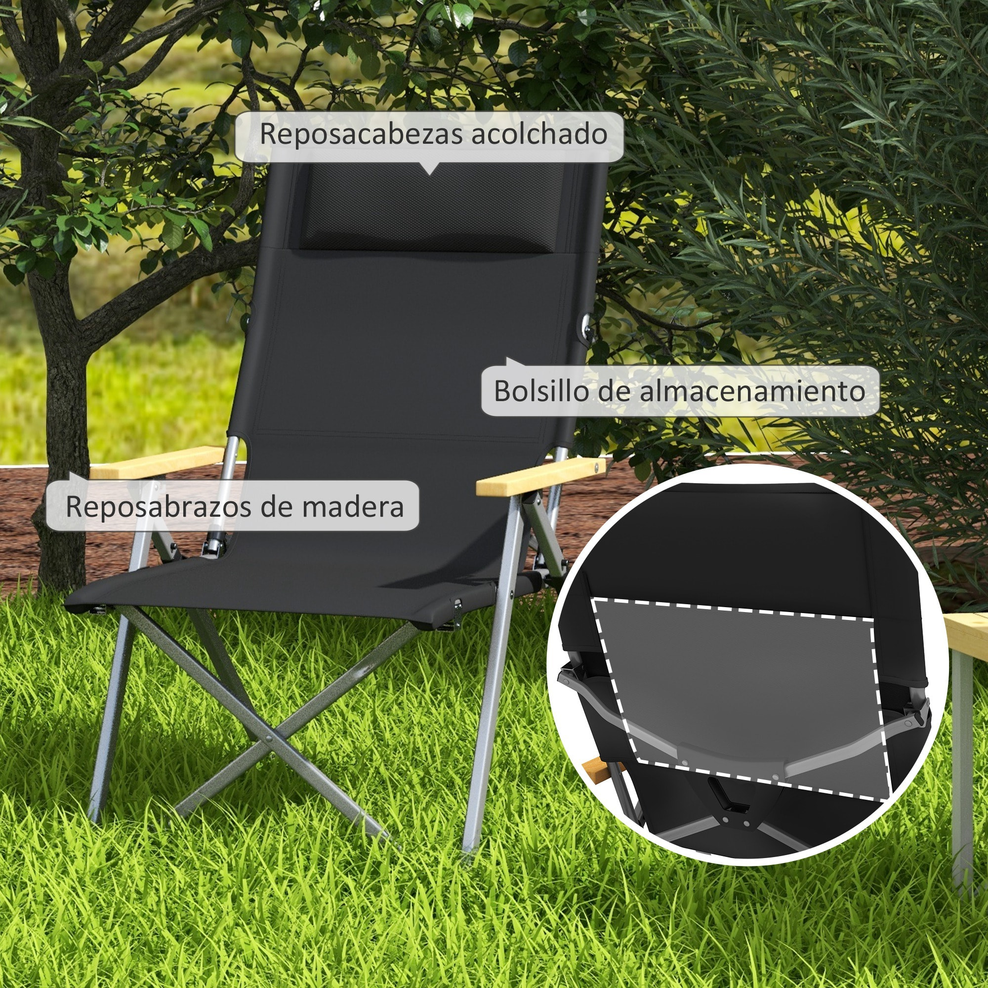Silla de Camping Plegable de Aluminio con Respaldo Ajustable Reposabrazos de Madera Silla de Jardín Portátil con Bolsa de Transporte para Exterior Piscina Playa 74x59,5x98 cm Negro