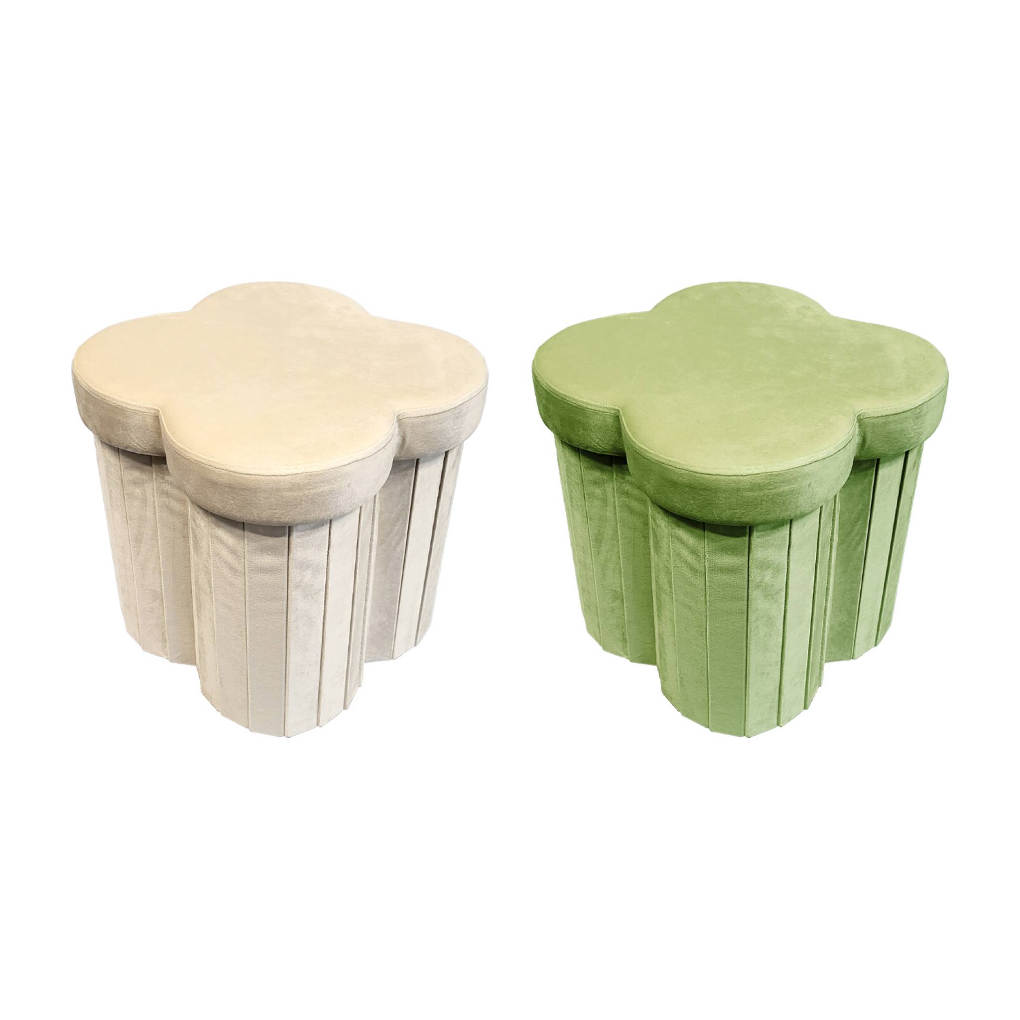 Lot de 2 tabourets-coffre pliables pour enfant avec assise en velours beige et en forme de fleur