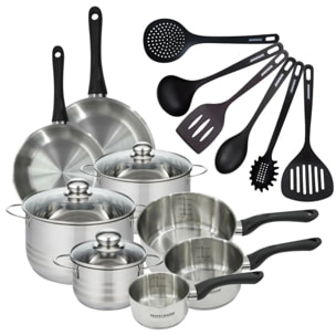 Set 2 poêles 20 24 cm 3 casseroles 12 16 20 cm, 3 faitouts 16, 20 et 24 cm en inox et 6 ustensiles RPET Fackelmann Geneva