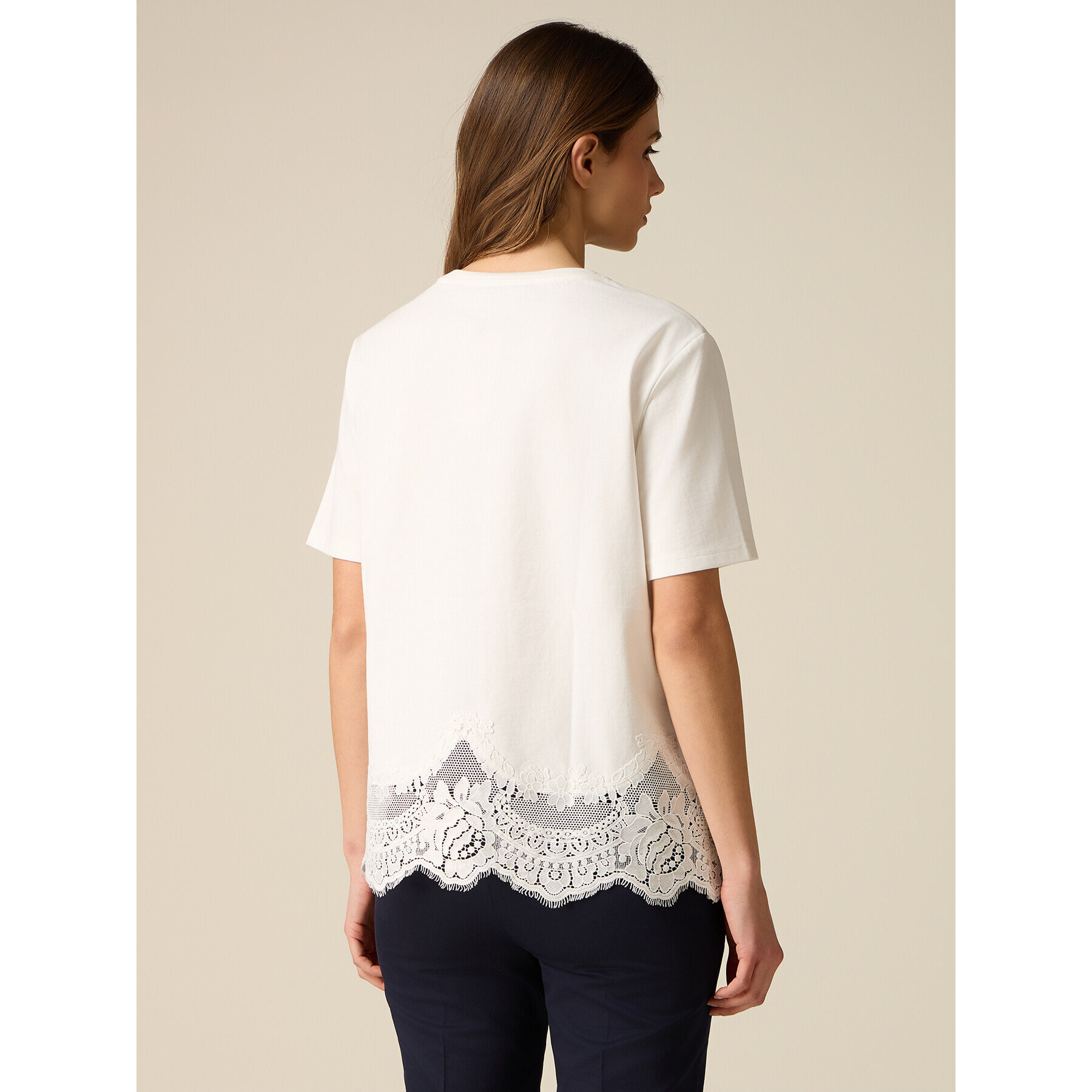 Oltre - Camiseta de algodón con borde de encaje - Blanco