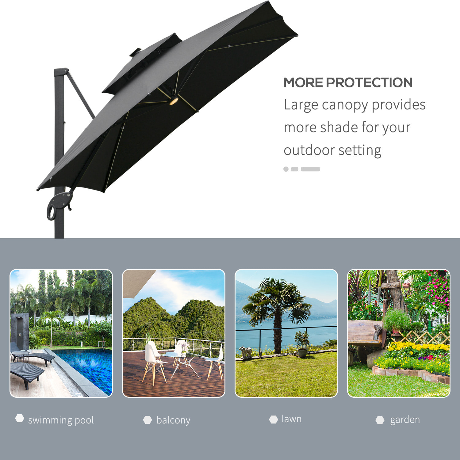 Parasol déporté rectangulaire parasol LED inclinable pivotant manivelle acier alu. dim. 3L x 3l x 2,66H m polyester gris