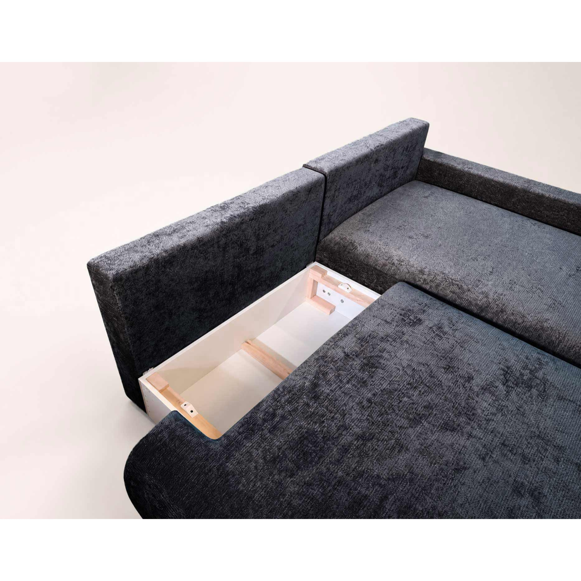 Pivoine - Canapé d'angle ouvert droit 4 places convertible avec coffre en tissu texturé - Bleu marine
