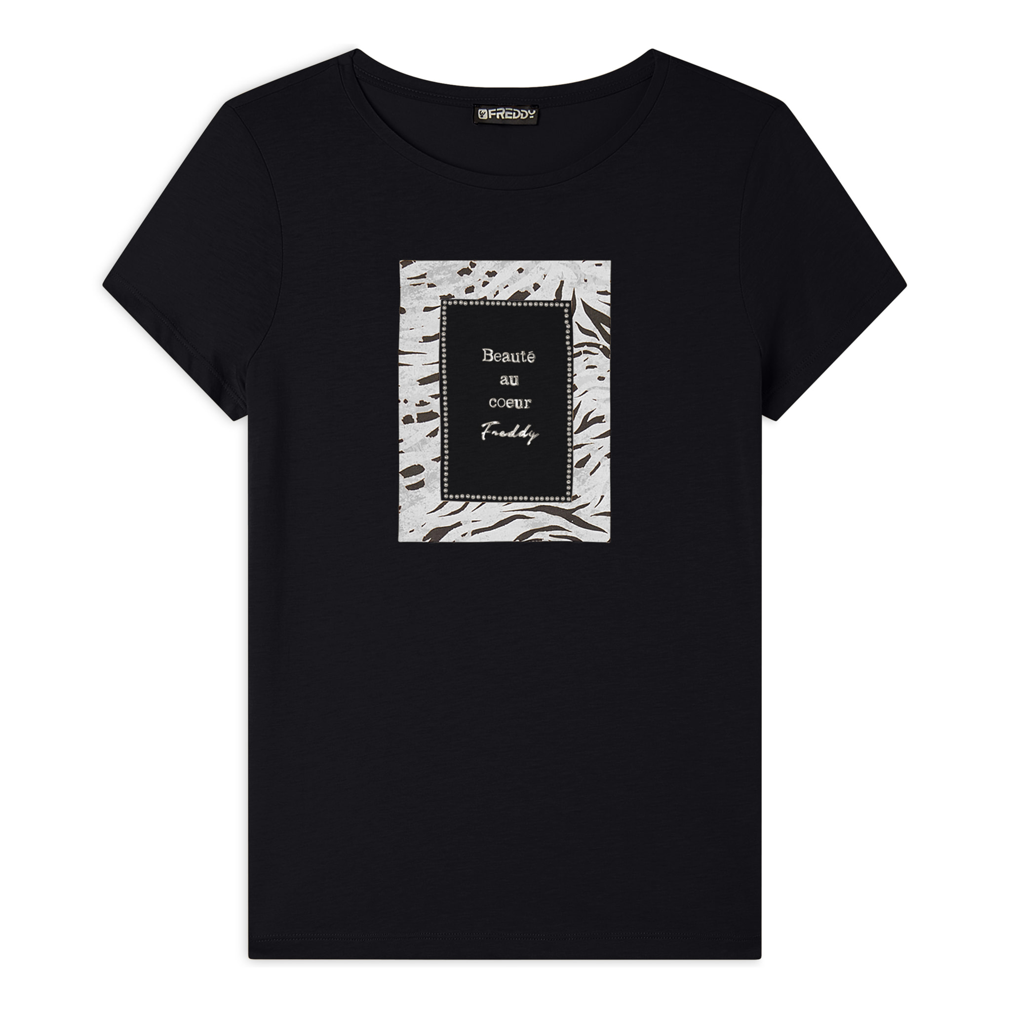 T-shirt regular fit con grafica e borchie dorate