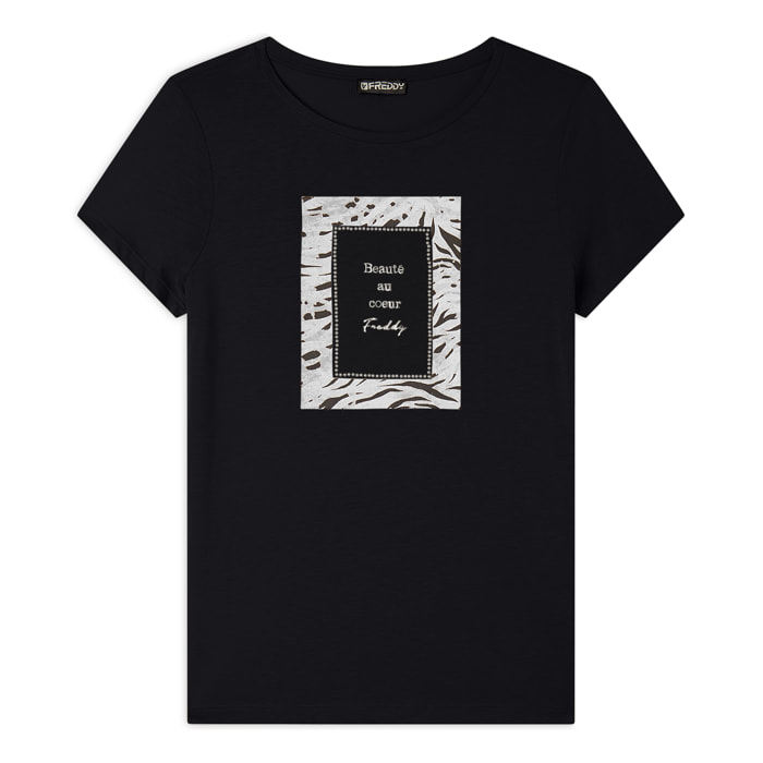 T-shirt regular fit con grafica e borchie dorate