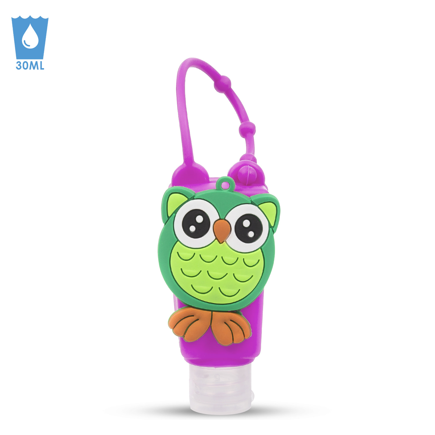 Portachiavi Bottiglia igienizzante per le mani alcol ricaricabile 30ml. Design gufo.