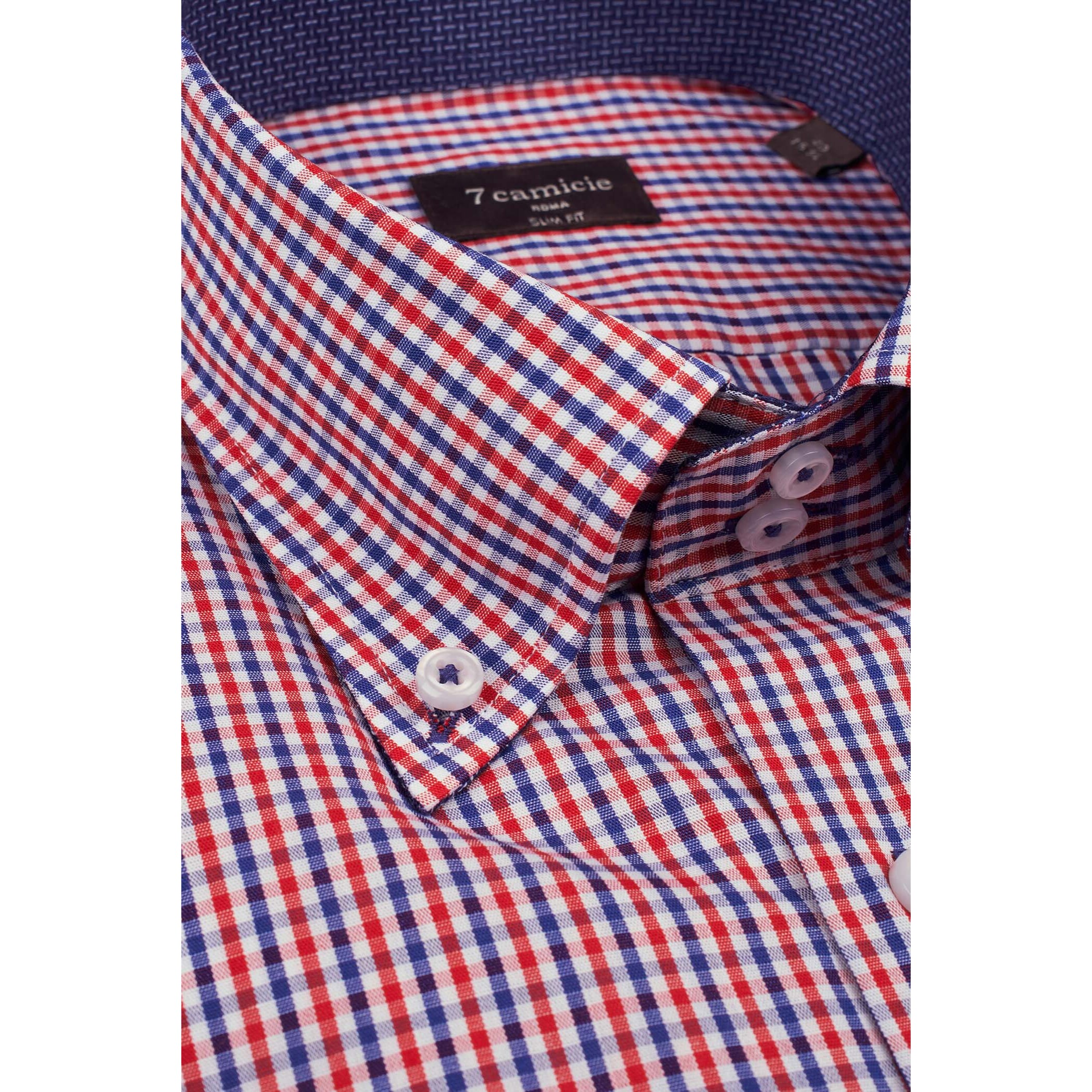 Camicia Uomo 2 Bottoni Button Down Slim Popeline Quadro Piccolo Blu\Rosso