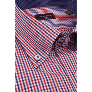 Camicia Uomo 2 Bottoni Button Down Slim Popeline Quadro Piccolo Blu\Rosso