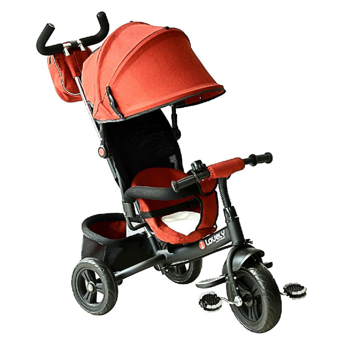 Tricycle enfants évolutif canne  et pare-soleil pliable amovible sacoche et panier 96 x 54l x 101 cm acier rouge brique noir