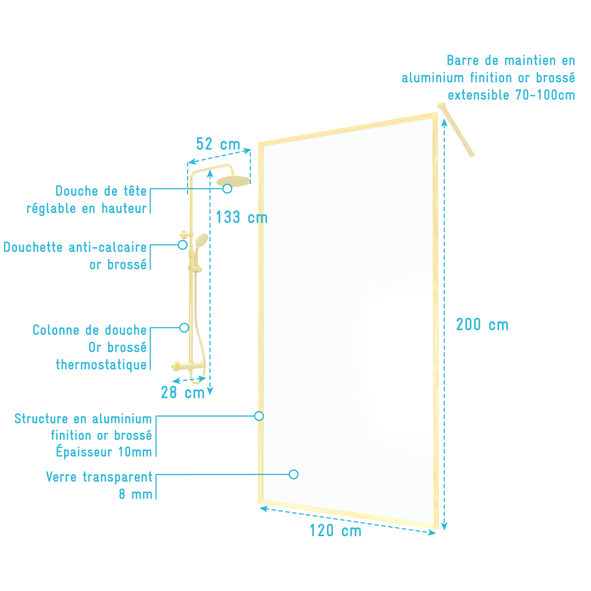 Pack Paroi de Douche avec Cadre Or Doré Brossé 120x200cm + Colonne de Douche Thermostatique assortie