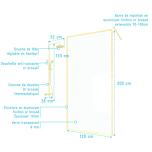 Pack Paroi de Douche avec Cadre Or Doré Brossé 120x200cm + Colonne de Douche Thermostatique assortie