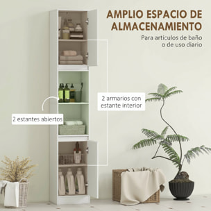 Armario de Baño Alto, Columna de Baño Estrecha con 2 Puertas y 2 Estantes Abiertos, para Espacios Pequeños, 30x24x170 cm, Blanco