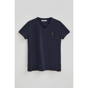 Camiseta azul marino con cuello de pico y logo Rigby Go Gold