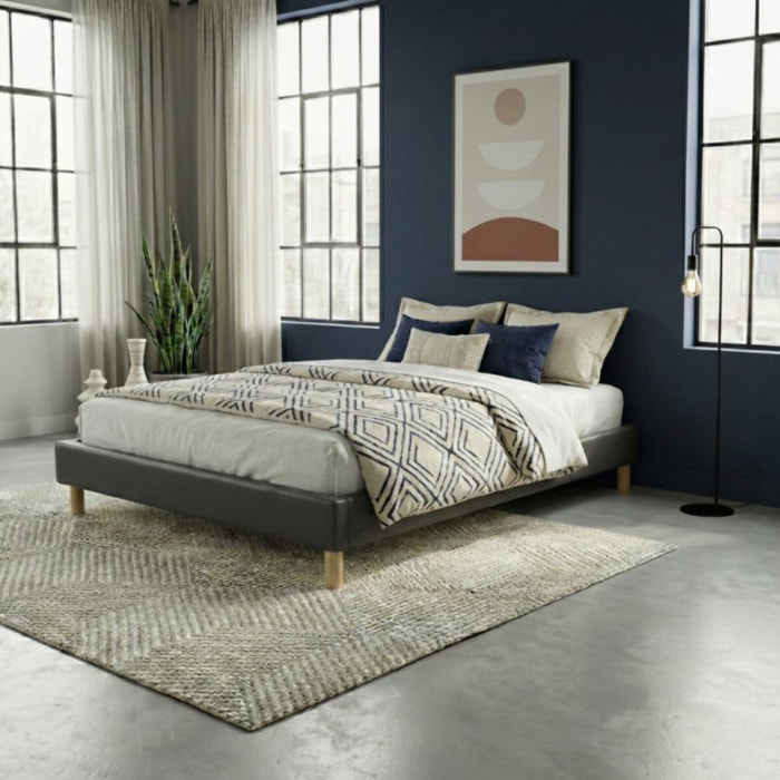 Lit Cancun | Cadre à lattes | Robustesse et confort | Montage simple rapide | Simili cuir | Gris