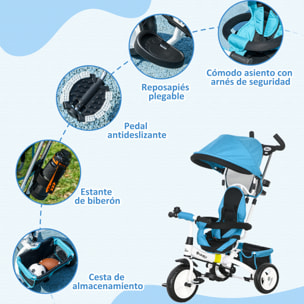 Triciclo para Bebés Triciclo Evolutivo para Niños con Toldo Plegable Mango de Empuje Telescópico y Desmontable Cinturón de Seguridad y Cesto 95x50x106 cm Azul