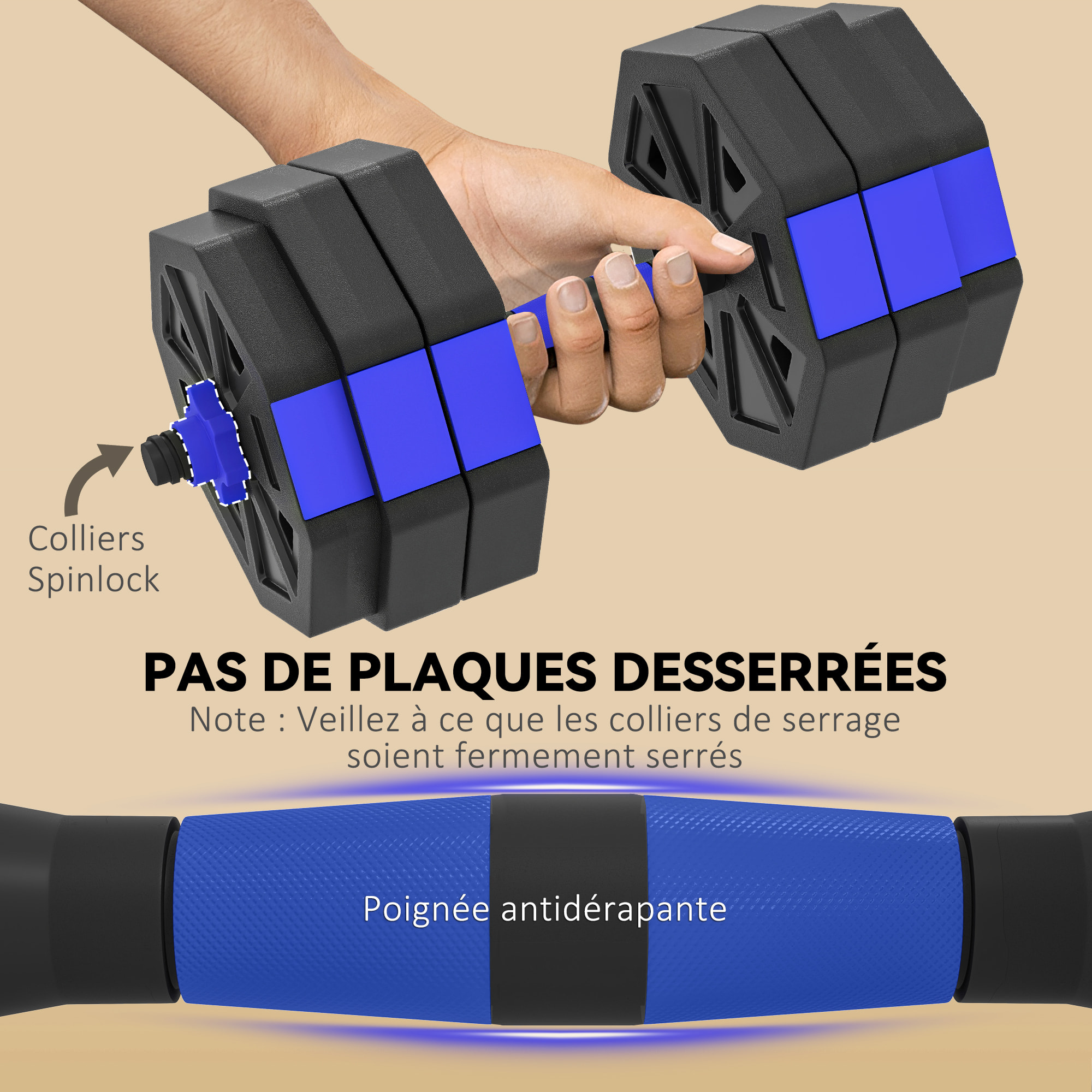 Ensemble d'haltères musculation multifonction 4 en 1 - haltères, kettlebell, push-up support, Olympic barre - total 25Kg - PVC bleu noir