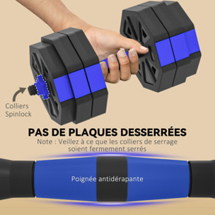Ensemble d'haltères musculation multifonction 4 en 1 - haltères, kettlebell, push-up support, Olympic barre - total 25Kg - PVC bleu noir