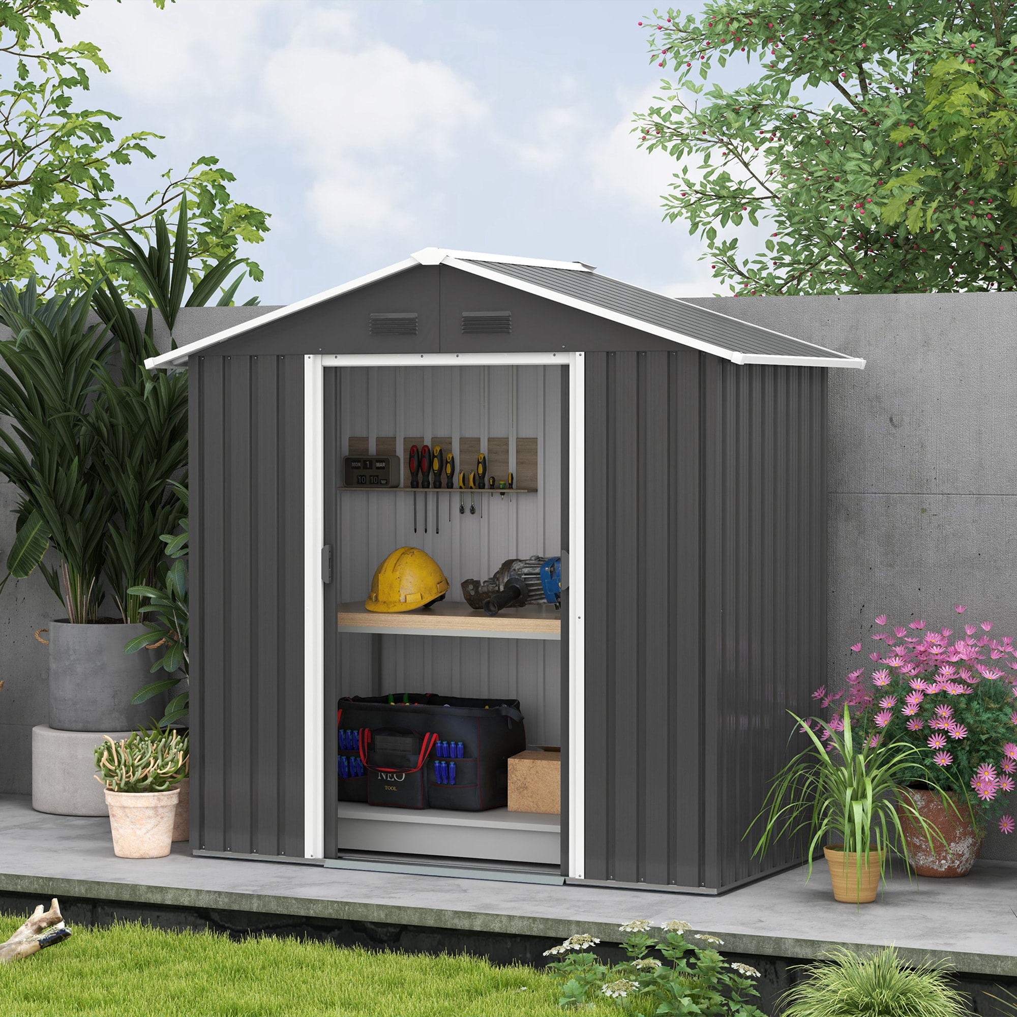 Abri de jardin - remise pour outils - cabanon porte verrouillable - dim. 194L x 110l x 184H cm - tôle d'acier anthracite