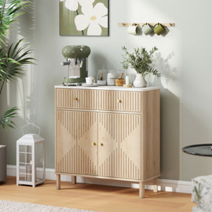 Buffet 2 portes style bois naturel plateau effet marbre blanc dim. 77 x 30 x 80 cm poignées métal doré