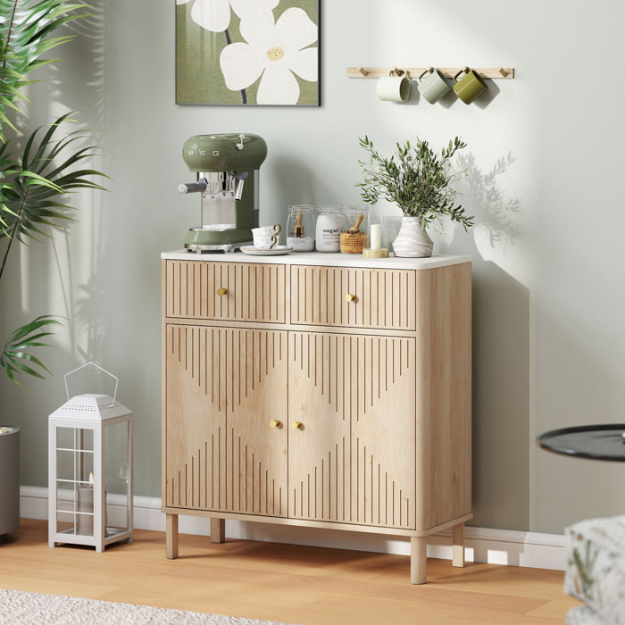 Buffet 2 portes style bois naturel plateau effet marbre blanc dim. 77 x 30 x 80 cm poignées métal doré