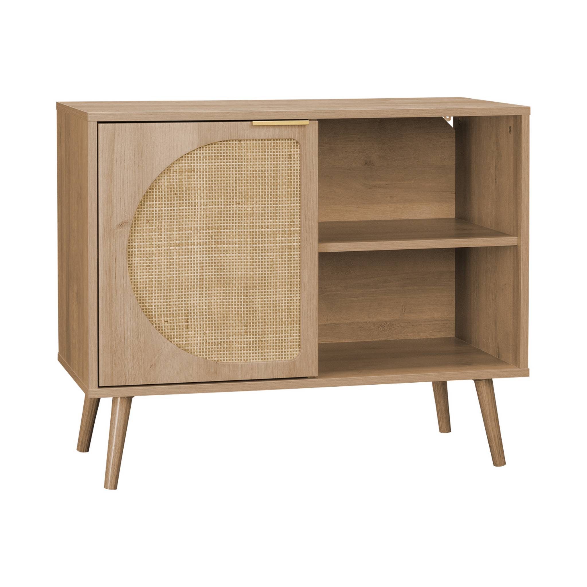 Buffet de rangement décor bois cannage arrondis. Eva. 1 portes réversible. deux niveaux. buffet bas.  L80 x l39 x H65.8cm