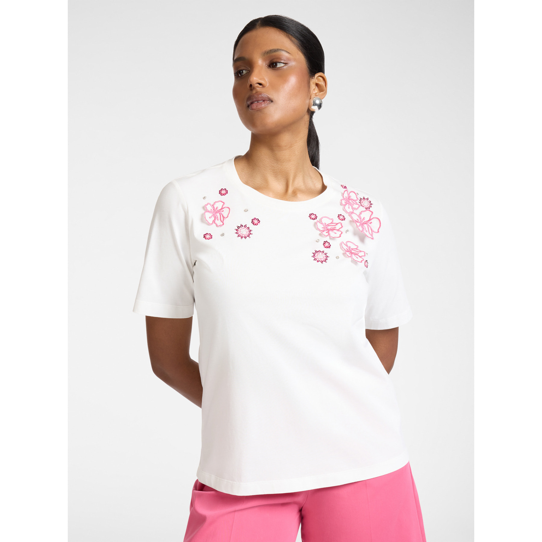Elena Mirò - T-shirt in cotone con ricami floreali - Bianco