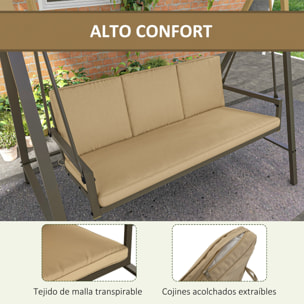 Outsunny Columpio de Jardín de 3 Plazas Balancín Exterior Jardín con Toldo Ajustable Cojines Extraíbles y Estructura de Acero 200x125x175 cm Beige