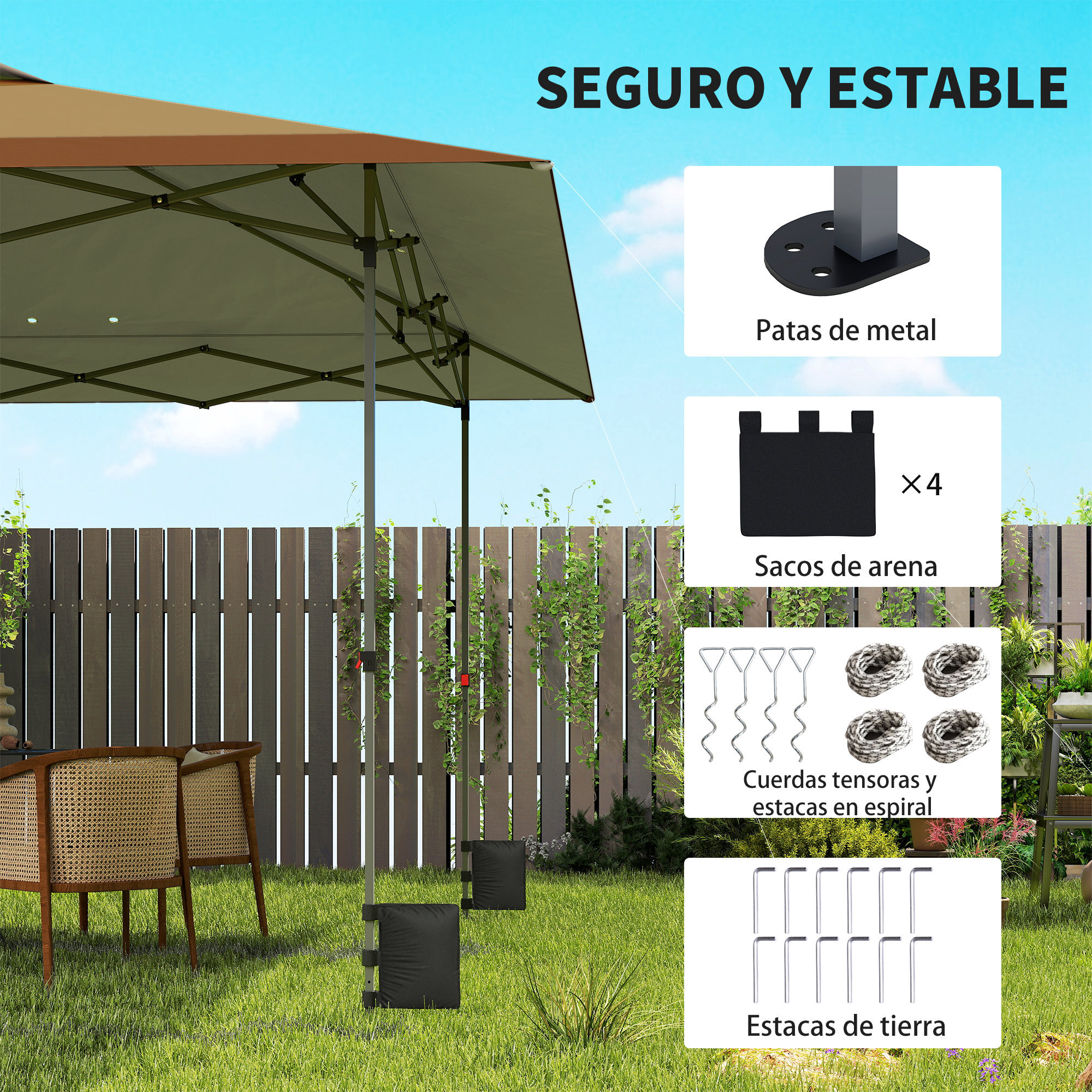 Carpa Plegable Pop-up Gazebo 4x4 m, Cenador Plegable con Bloqueo Central, UPF50+, Altura Ajustable, 4 Bolsas de Arena y Bolsa de Transporte con Ruedas, para Camping, Fiestas, Beige y Café