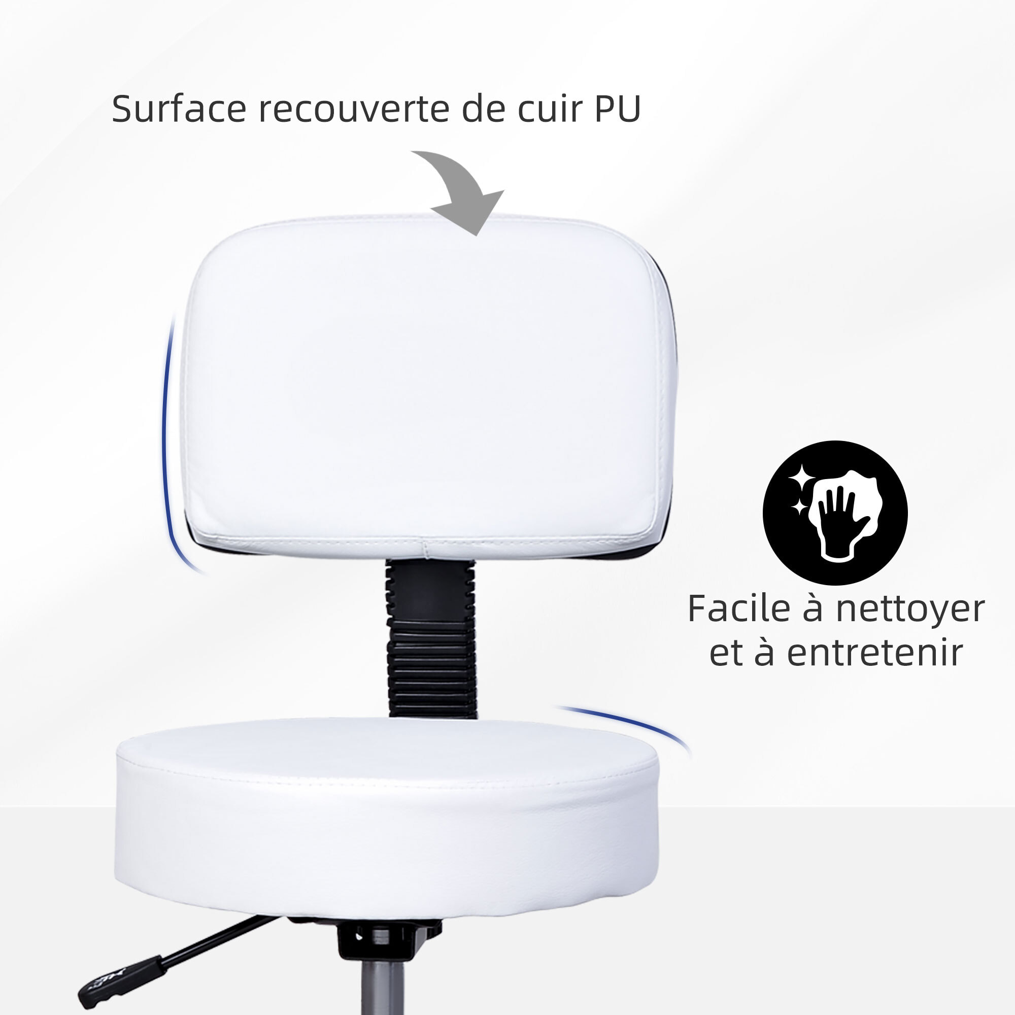 Tabouret massage à roulettes réglable en hauteur pivotant avec dossier ergonomique blanc