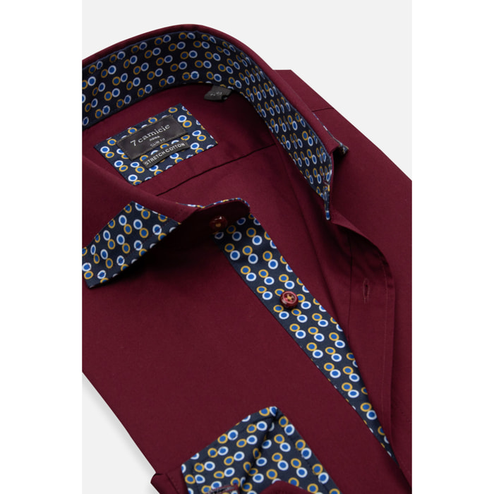 Camicia Uomo 1 Bottone Francese Slim Popeline Stretch Unito Bordeaux
