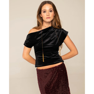 Top de terciopelo con escote asimétrico de mujer