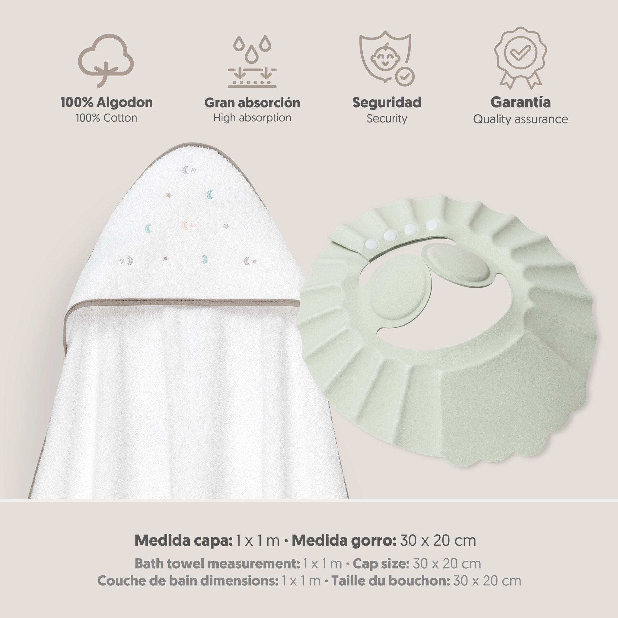 Capa Baño 1X1 Mod Estrella Luna Multicolor+Gorro Bco/Beig