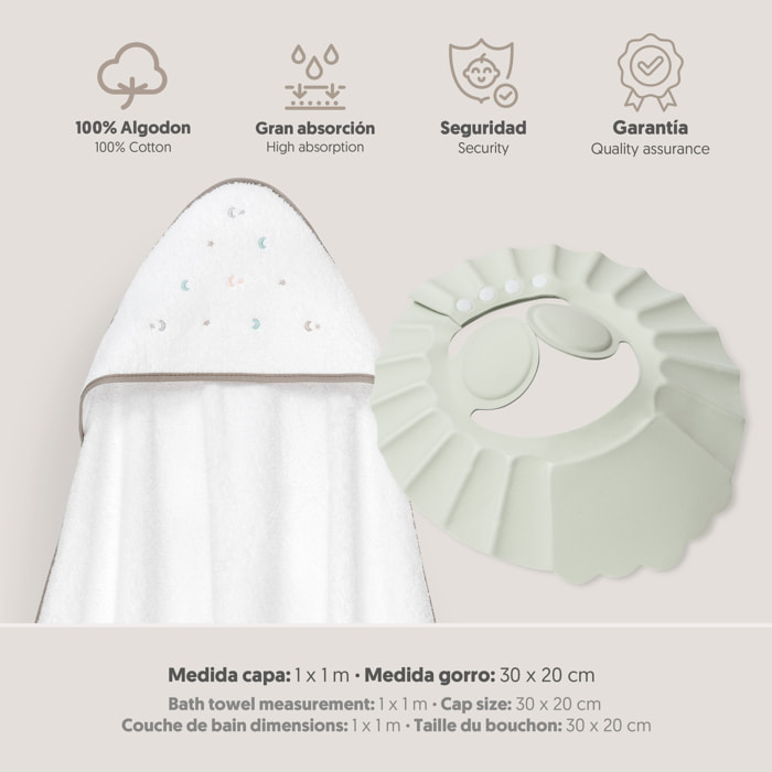 Capa Baño 1X1 Mod Estrella Luna Multicolor+Gorro Bco/Beig